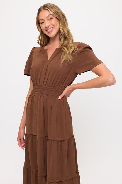 V neck Short Sleeve Layered Midi Dress
