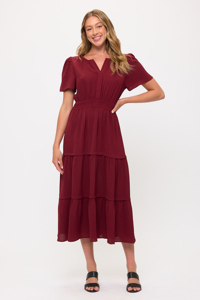 V neck Short Sleeve Layered Midi Dress