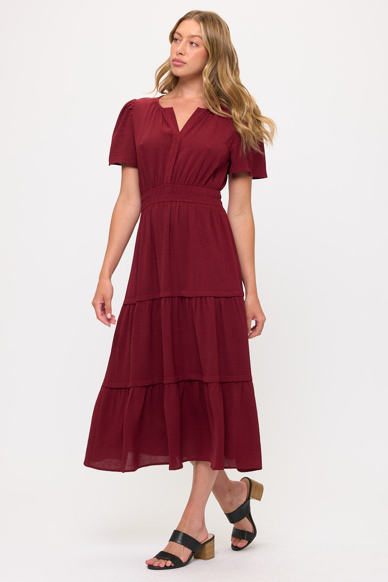 V neck Short Sleeve Layered Midi Dress
