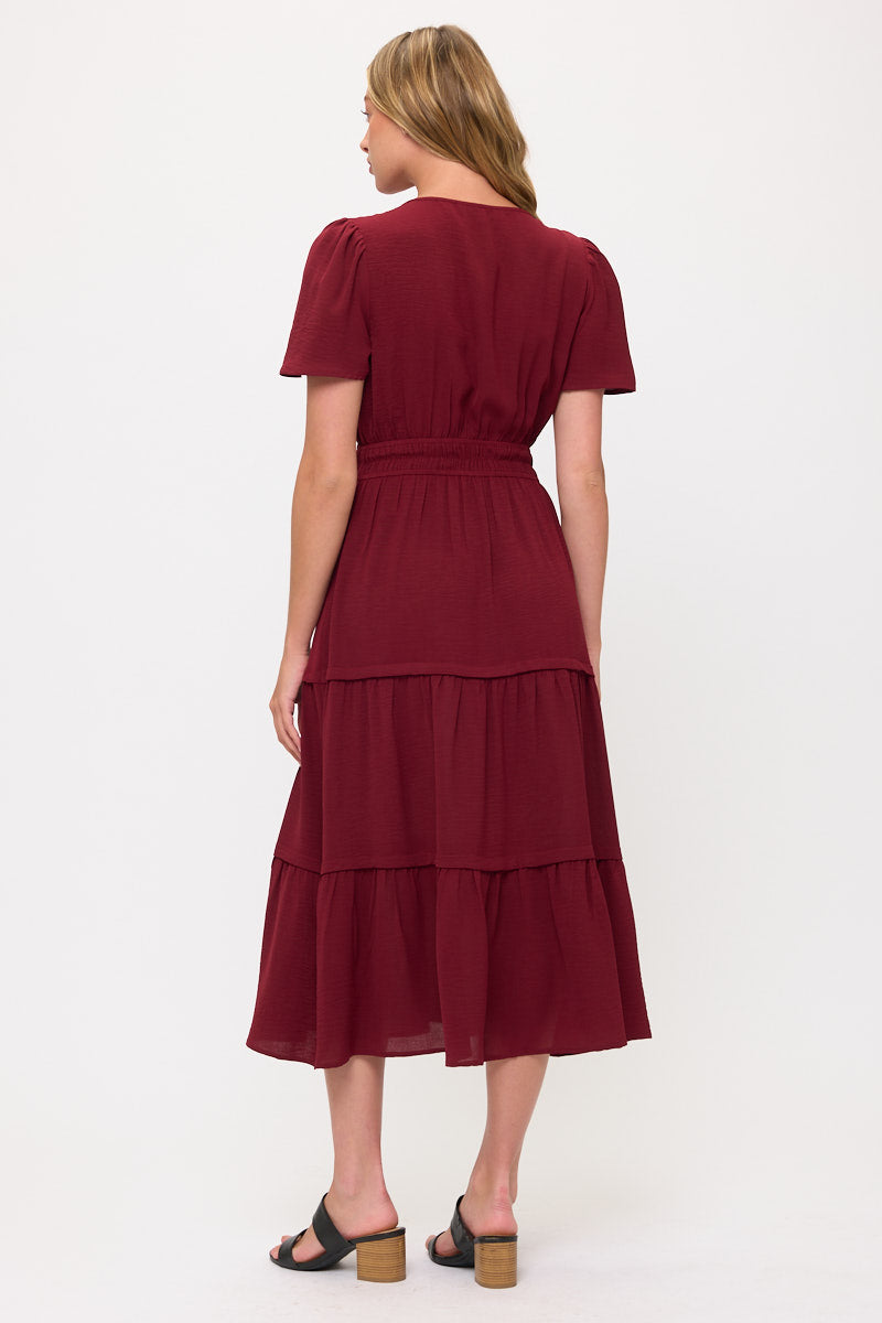 V neck Short Sleeve Layered Midi Dress