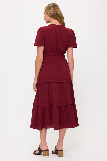 V neck Short Sleeve Layered Midi Dress