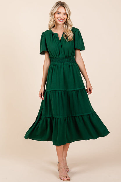 V neck Short Sleeve Layered Midi Dress