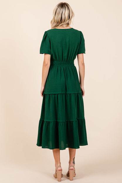 V neck Short Sleeve Layered Midi Dress