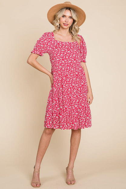 Floral Printed Square Neck Layered Dress