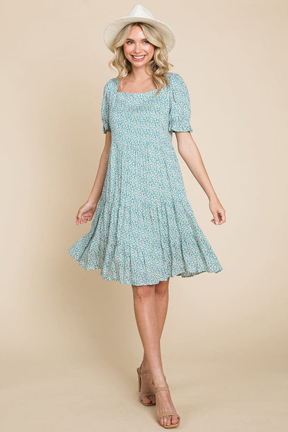 Floral Printed Square Neck Layered Dress