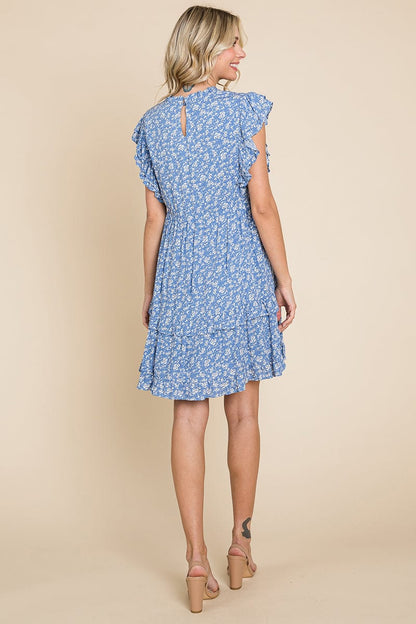 Floral Printed Ruffled Sleeve Pleated Dress