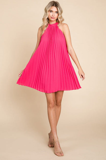 Pleated Halter Neck Mini Swing Dress