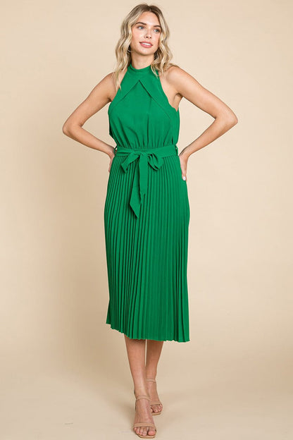 Pleated Self Tie Waist Halter Cocktail Dress, S-3X