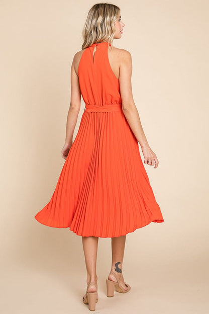 Pleated Self Tie Waist Halter Cocktail Dress, S-3X