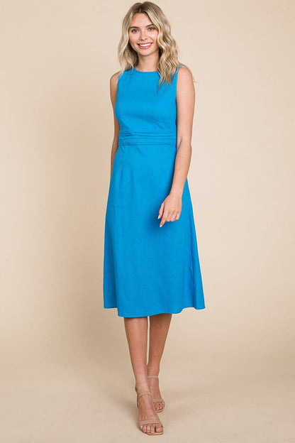 Sleeveless Tied Backless Pleated Midi Linen Dress