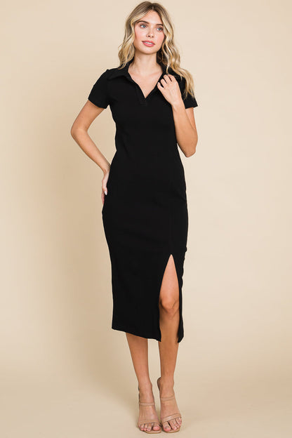 Collared Side Split Ribbed Bodycon Midi Dress