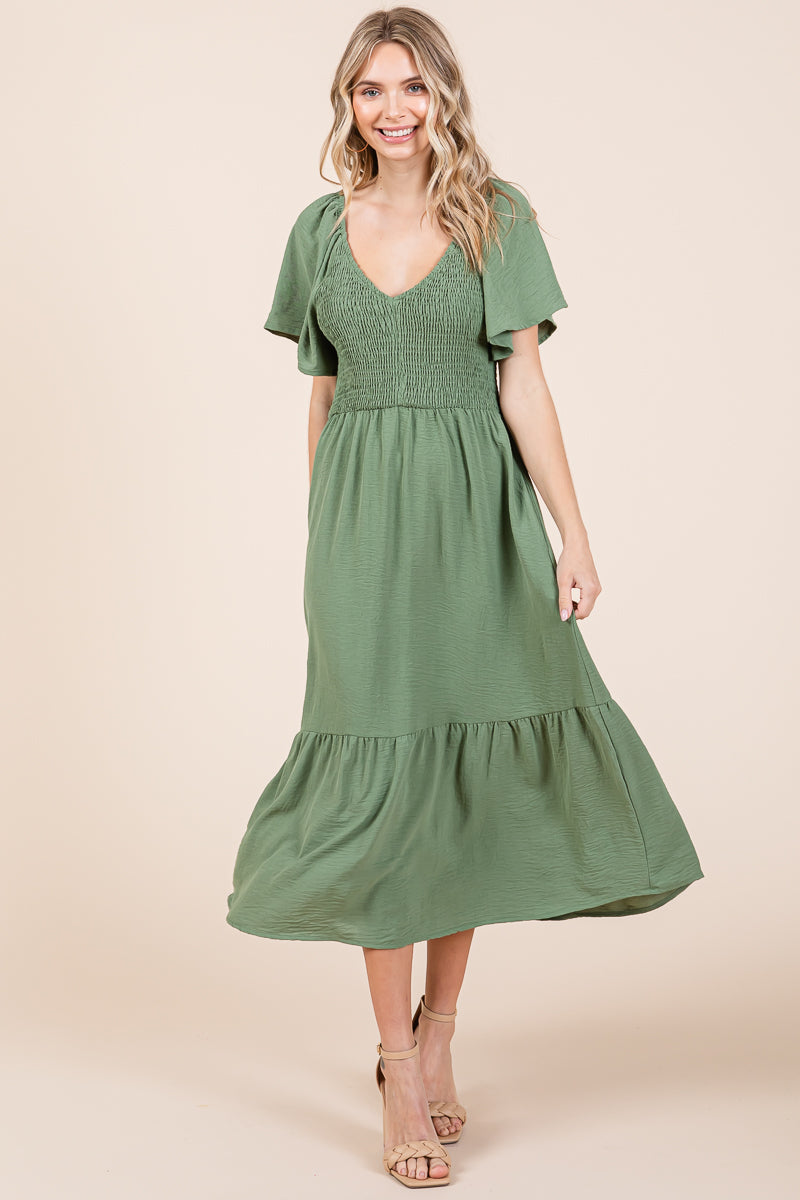 Smocked V Neck Flutter Sleeve Tiered Midi Dress
