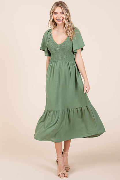 Smocked V Neck Flutter Sleeve Tiered Midi Dress