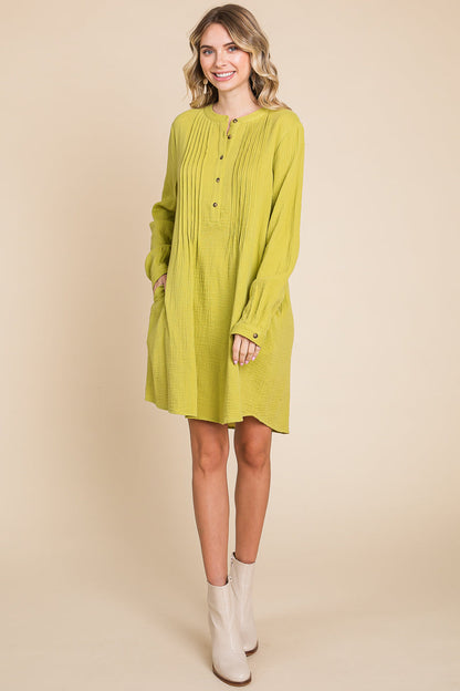Long Sleeve Double Gauze Henley Tunic Cotton Dress