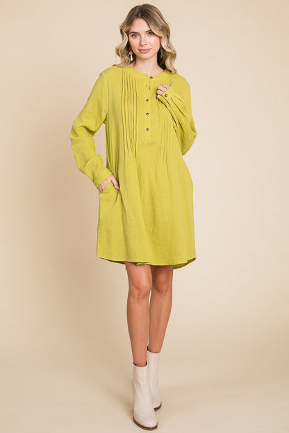 Long Sleeve Double Gauze Henley Tunic Cotton Dress