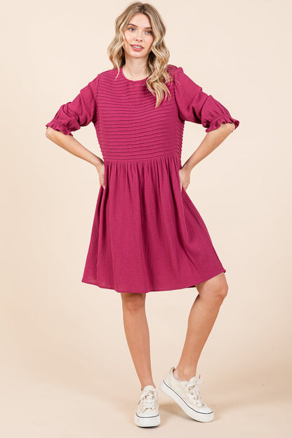 Double Gauze Peasant Sleeve Pintucked Boho Dress