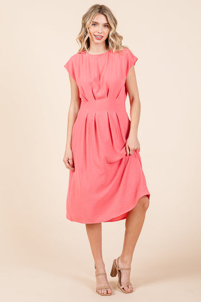 Pleated A Line Cap Sleeve Pocketed Midi Dress