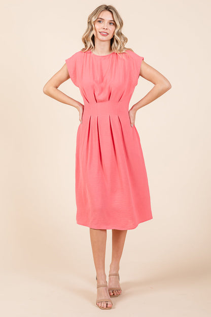 Pleated A Line Cap Sleeve Pocketed Midi Dress