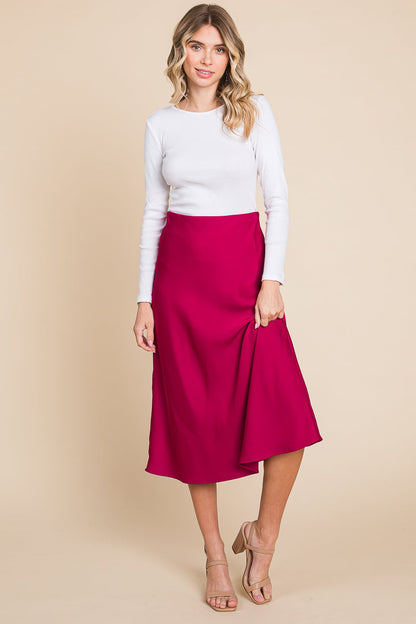 High Waist Satin A line Midi Skirt