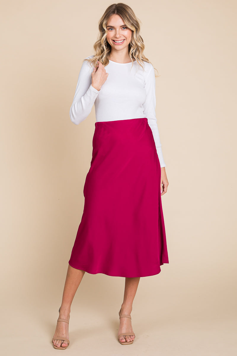 High Waist Satin A line Midi Skirt