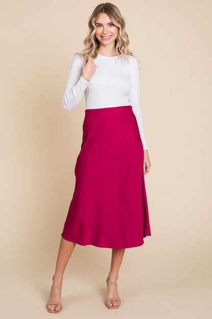 High Waist Satin A line Midi Skirt