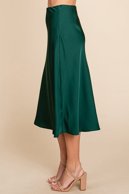 High Waist Satin A line Midi Skirt