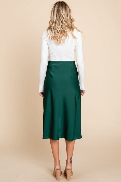 High Waist Satin A line Midi Skirt