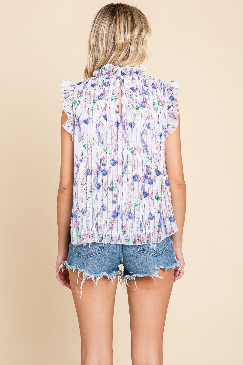 Floral Sleeveless Frill Neck Pleated Babydoll Tops
