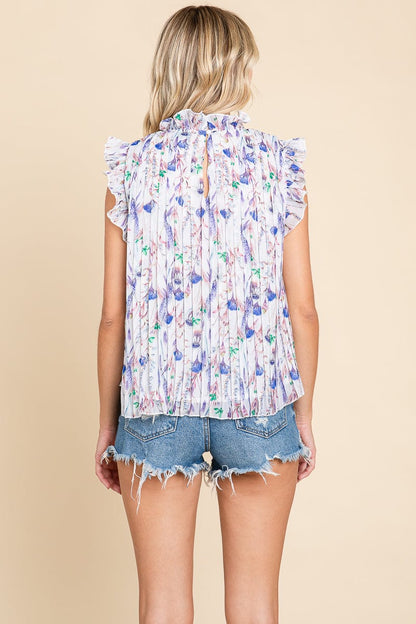 Floral Sleeveless Frill Neck Pleated Babydoll Tops