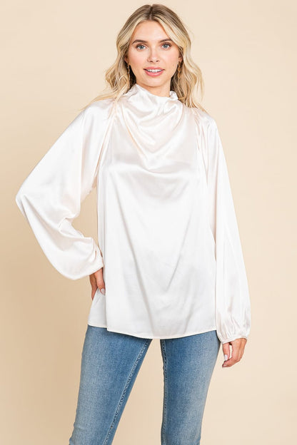 Cowl Neck Long Sleeve Satin Blouse Top