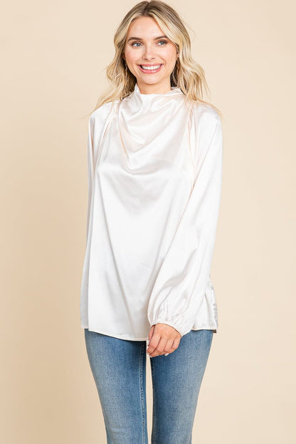 Cowl Neck Long Sleeve Satin Blouse Top