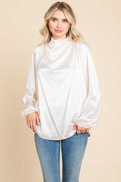 Cowl Neck Long Sleeve Satin Blouse Top