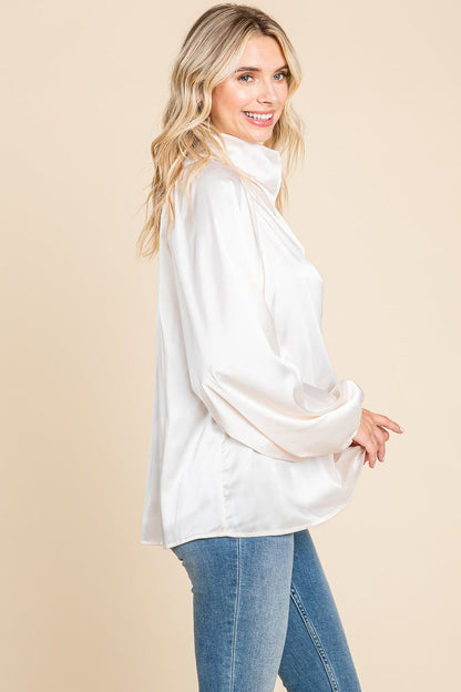 Cowl Neck Long Sleeve Satin Blouse Top