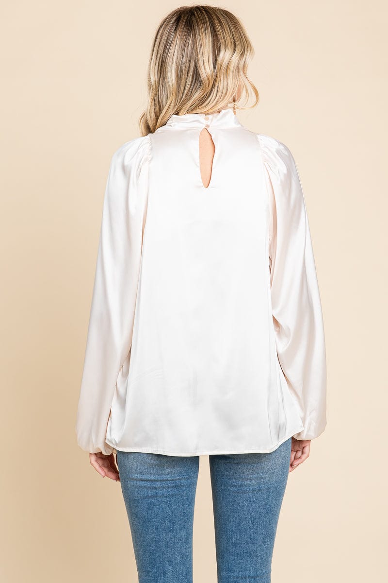 Cowl Neck Long Sleeve Satin Blouse Top