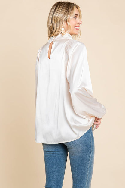 Cowl Neck Long Sleeve Satin Blouse Top