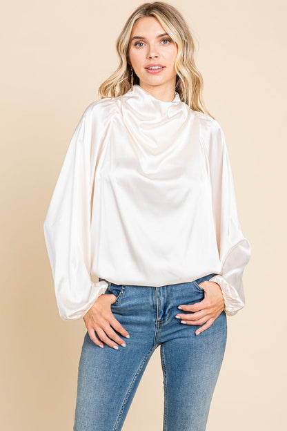 Cowl Neck Long Sleeve Satin Blouse Top