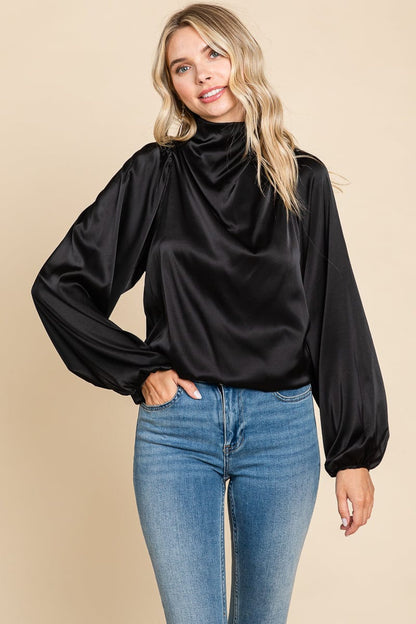Cowl Neck Long Sleeve Satin Blouse Top