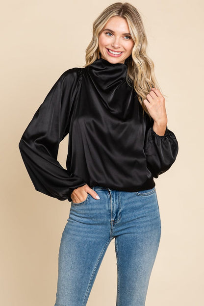 Cowl Neck Long Sleeve Satin Blouse Top