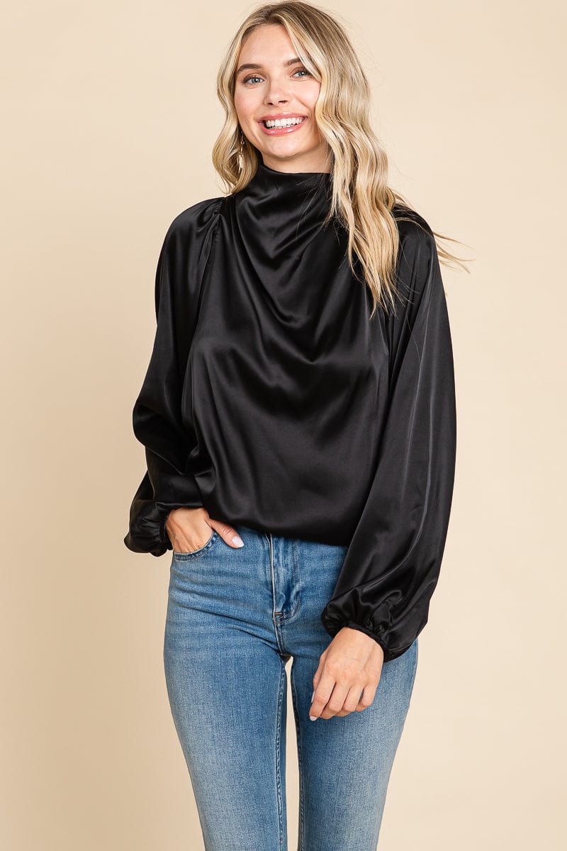 Cowl Neck Long Sleeve Satin Blouse Top