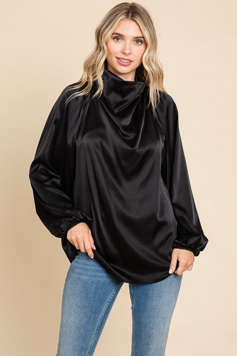 Cowl Neck Long Sleeve Satin Blouse Top