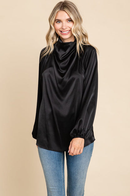 Cowl Neck Long Sleeve Satin Blouse Top