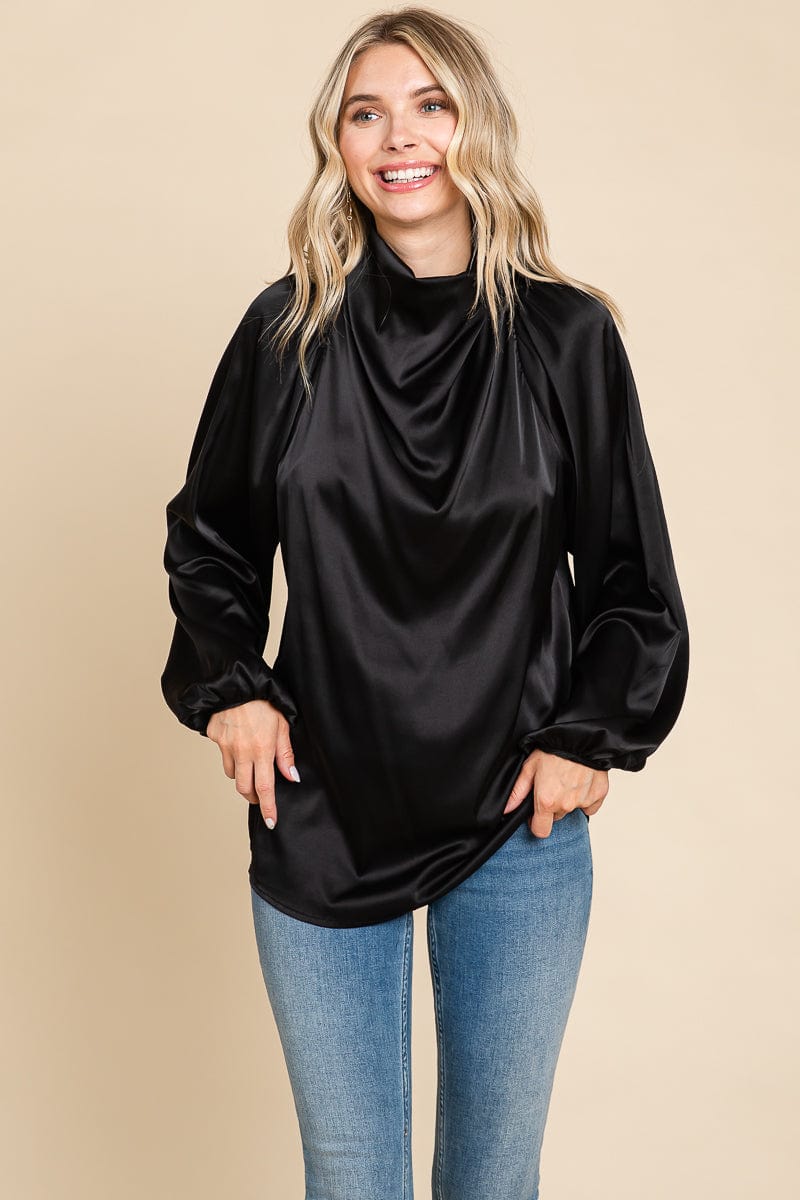 Cowl Neck Long Sleeve Satin Blouse Top