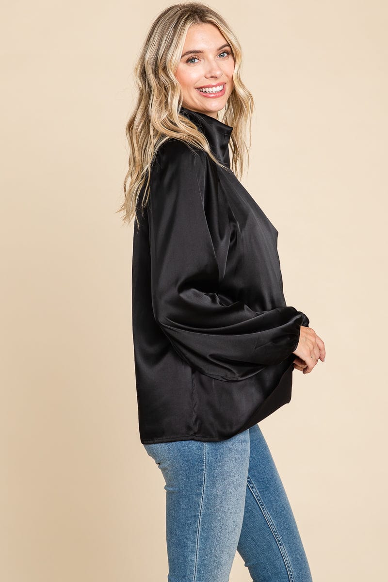 Cowl Neck Long Sleeve Satin Blouse Top