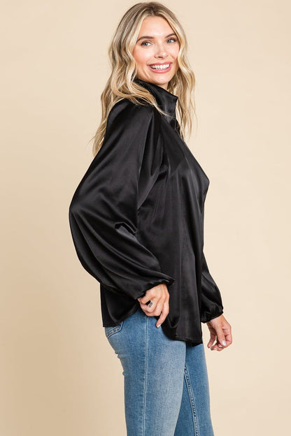 Cowl Neck Long Sleeve Satin Blouse Top