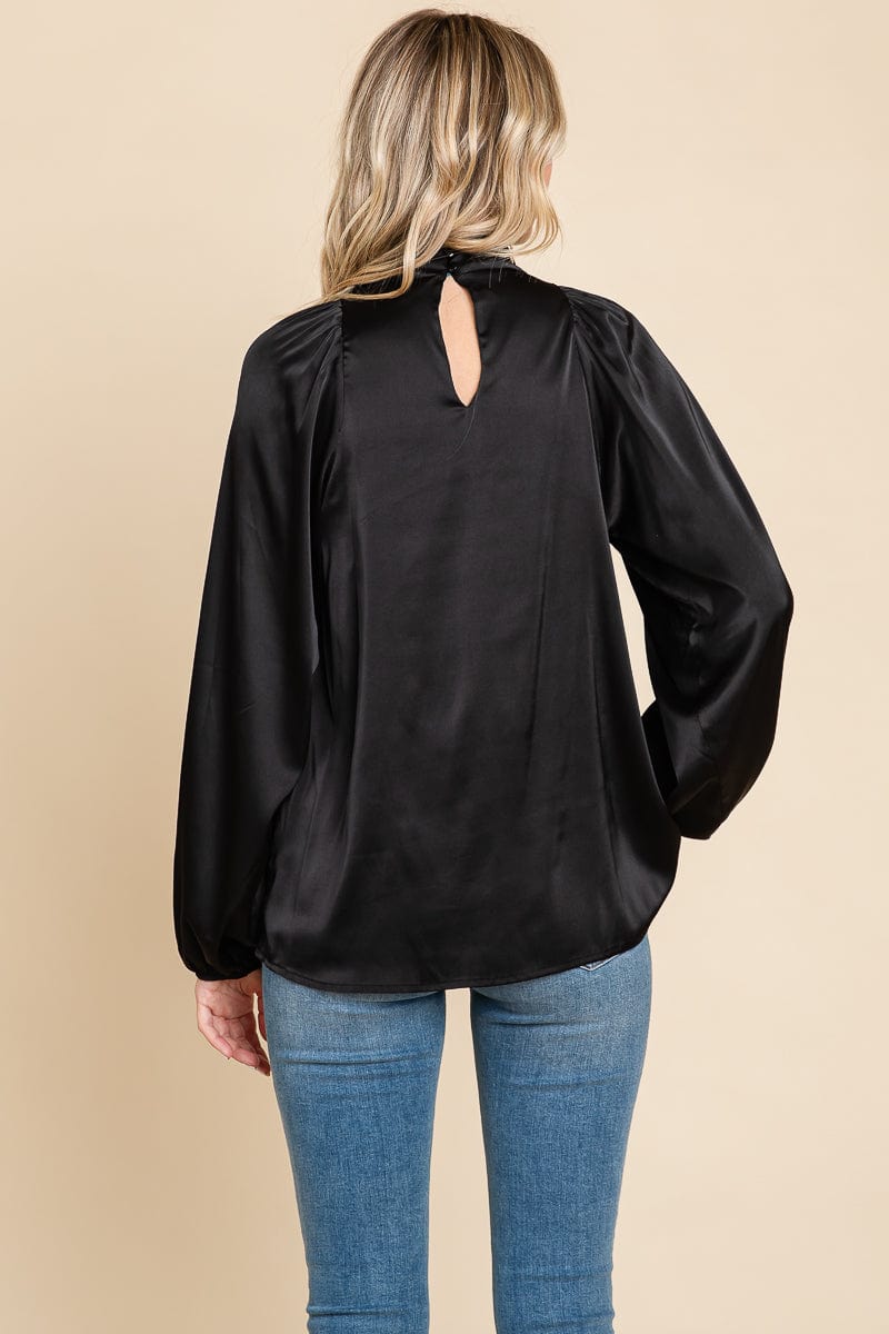 Cowl Neck Long Sleeve Satin Blouse Top