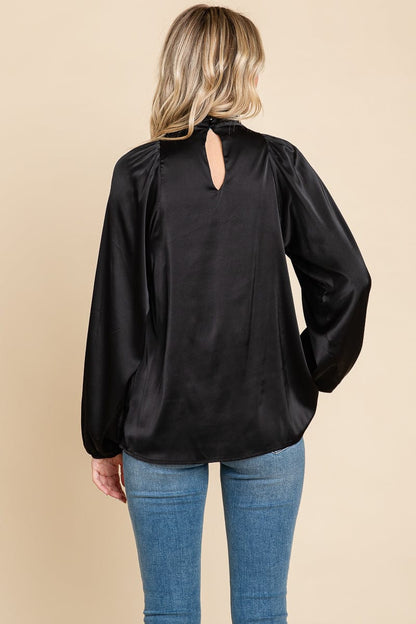 Cowl Neck Long Sleeve Satin Blouse Top