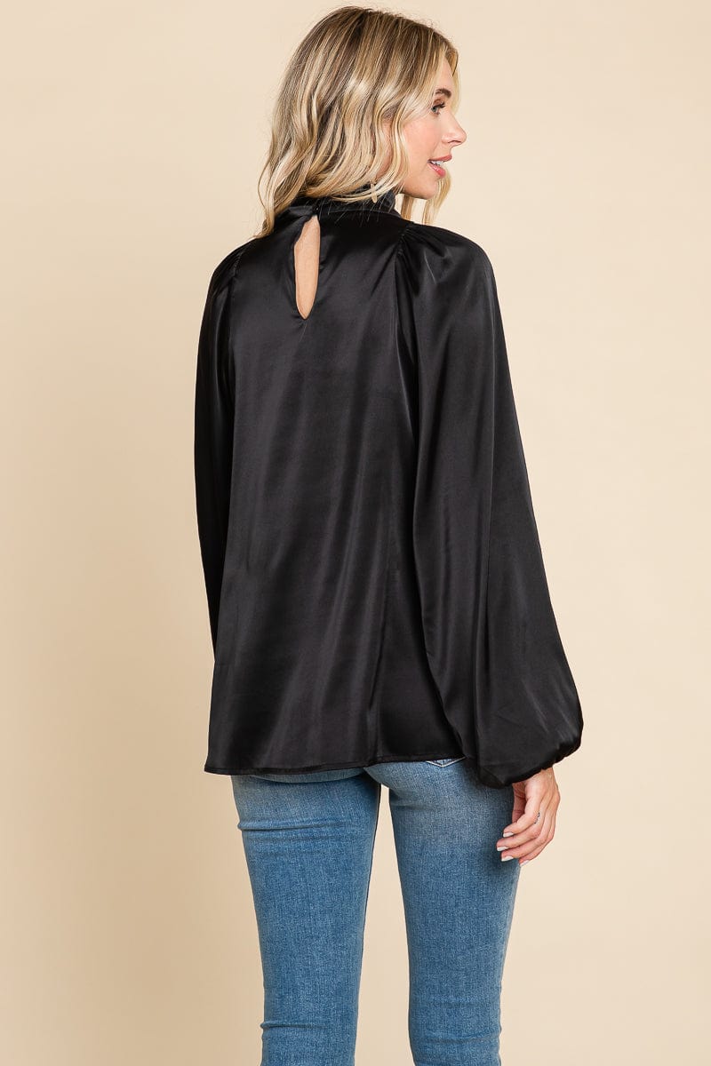Cowl Neck Long Sleeve Satin Blouse Top