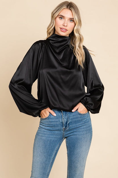 Cowl Neck Long Sleeve Satin Blouse Top