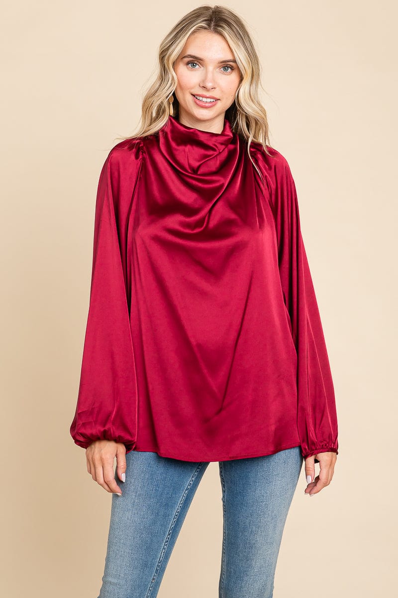 Cowl Neck Long Sleeve Satin Blouse Top
