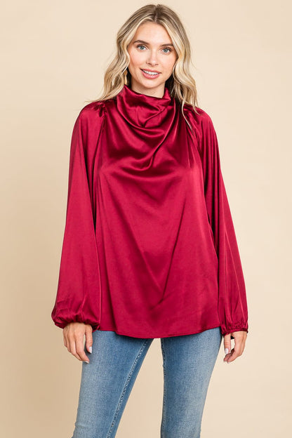 Cowl Neck Long Sleeve Satin Blouse Top